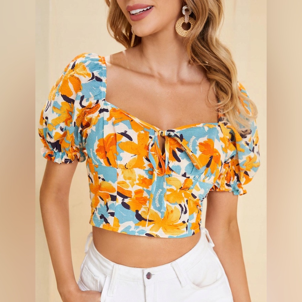 Colorful cropped smocked top small